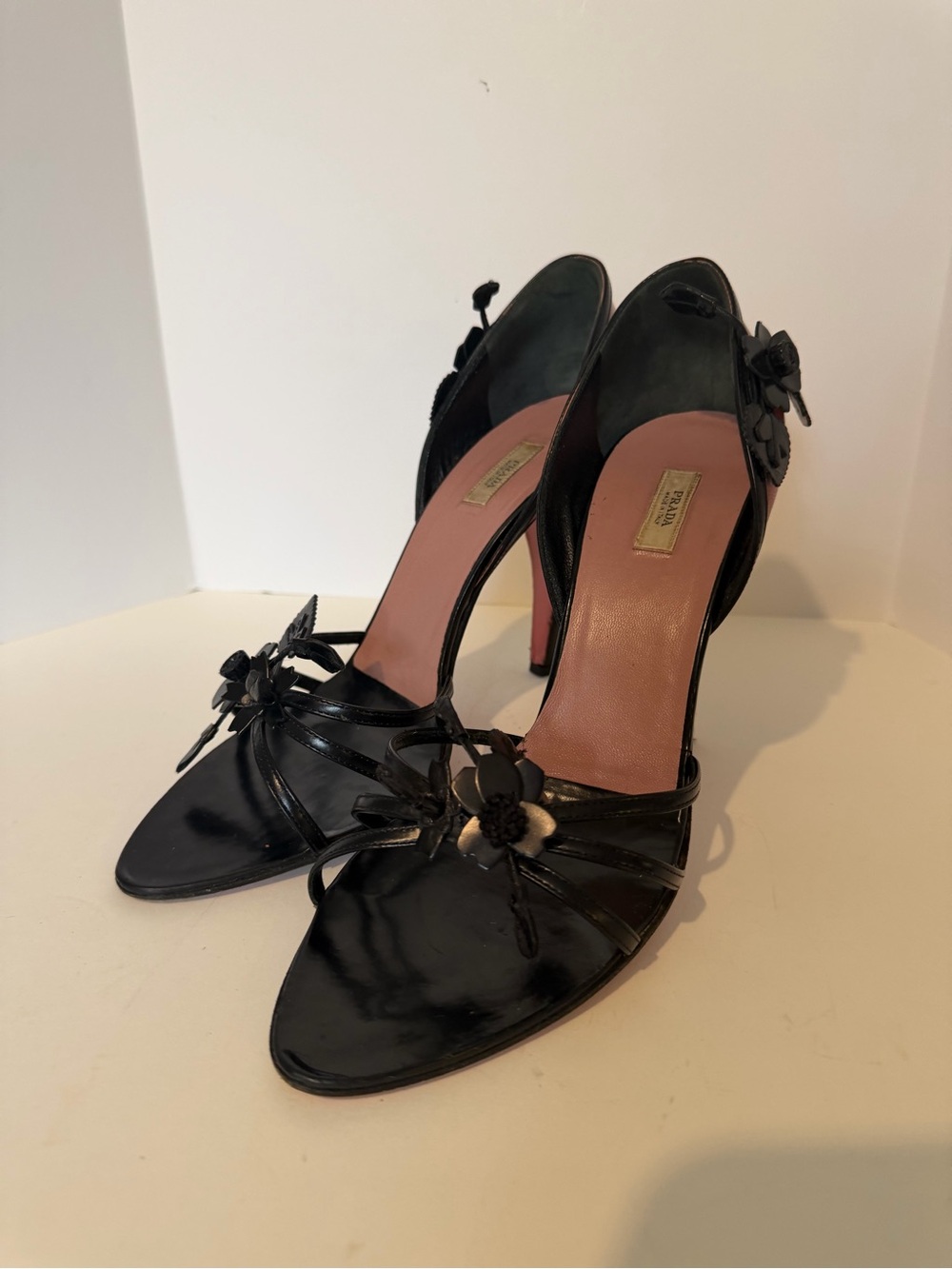 Prada Black and Pink Leather Open-Toe Heels with Floral Accent Vintage Rare